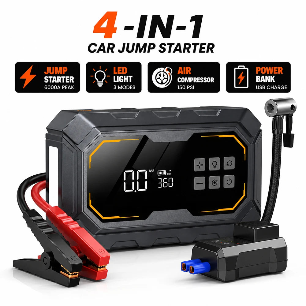 Motorcycle Jump Starter with Air Compressor 150PSI Tyre Inflator 4-in-1 Emergency Battery Booster Power Bank LED Flashlight 12V