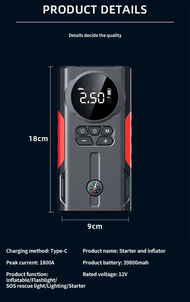 12V Jump Starter & Air Pump – 1800A Multi-Function Tire Inflator, LED SOS Light & Power Bank for Car, Motorcycle & Bicycle