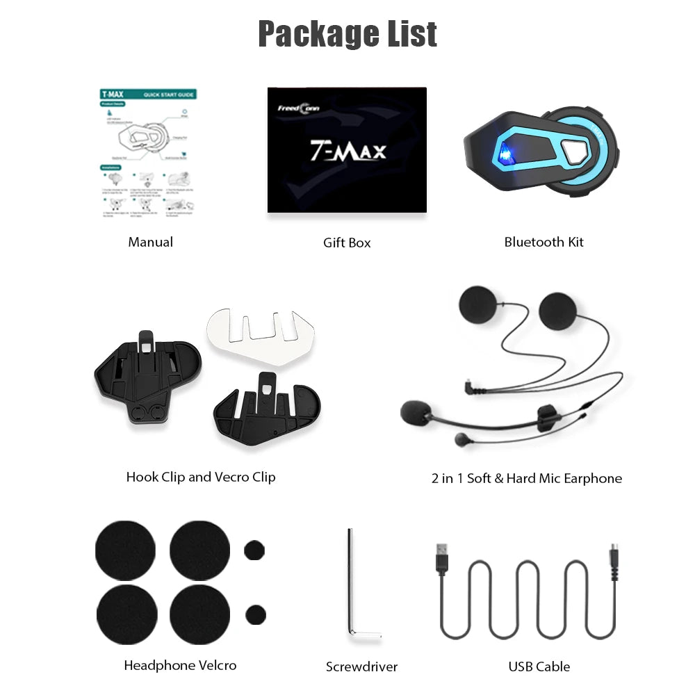 FREEDCONN T-MAX PRO Motorcycle Bluetooth Intercom – 6-Rider 1200m