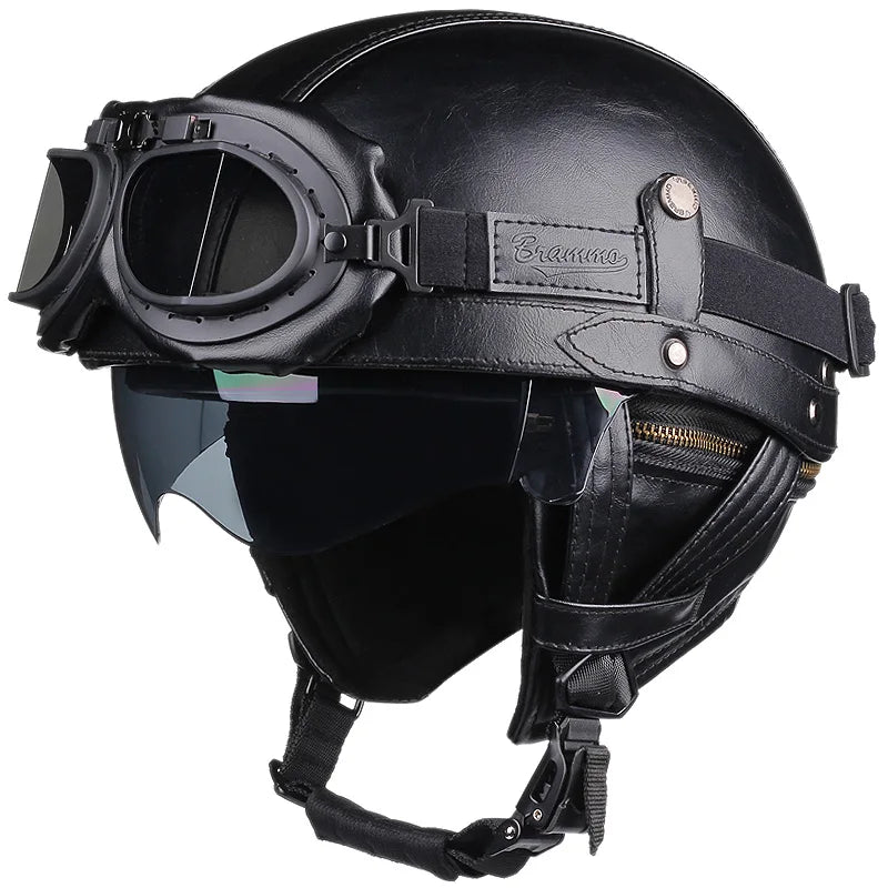 Half Helmets – Retro PU Leather Motorcycle Helmet, HD Visor, All-Season Scooter Helmet for Men & Women