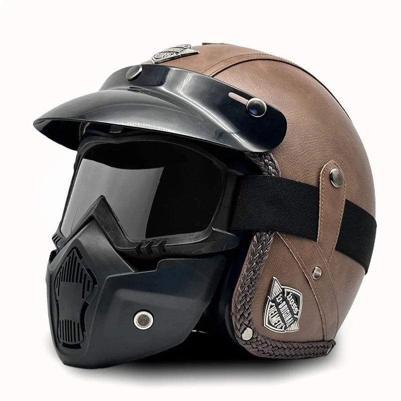 Open Face Helmets – Retro PU Leather Motorcycle Helmet, Vintage Cafe Racer Style, DOT & ECE Certified