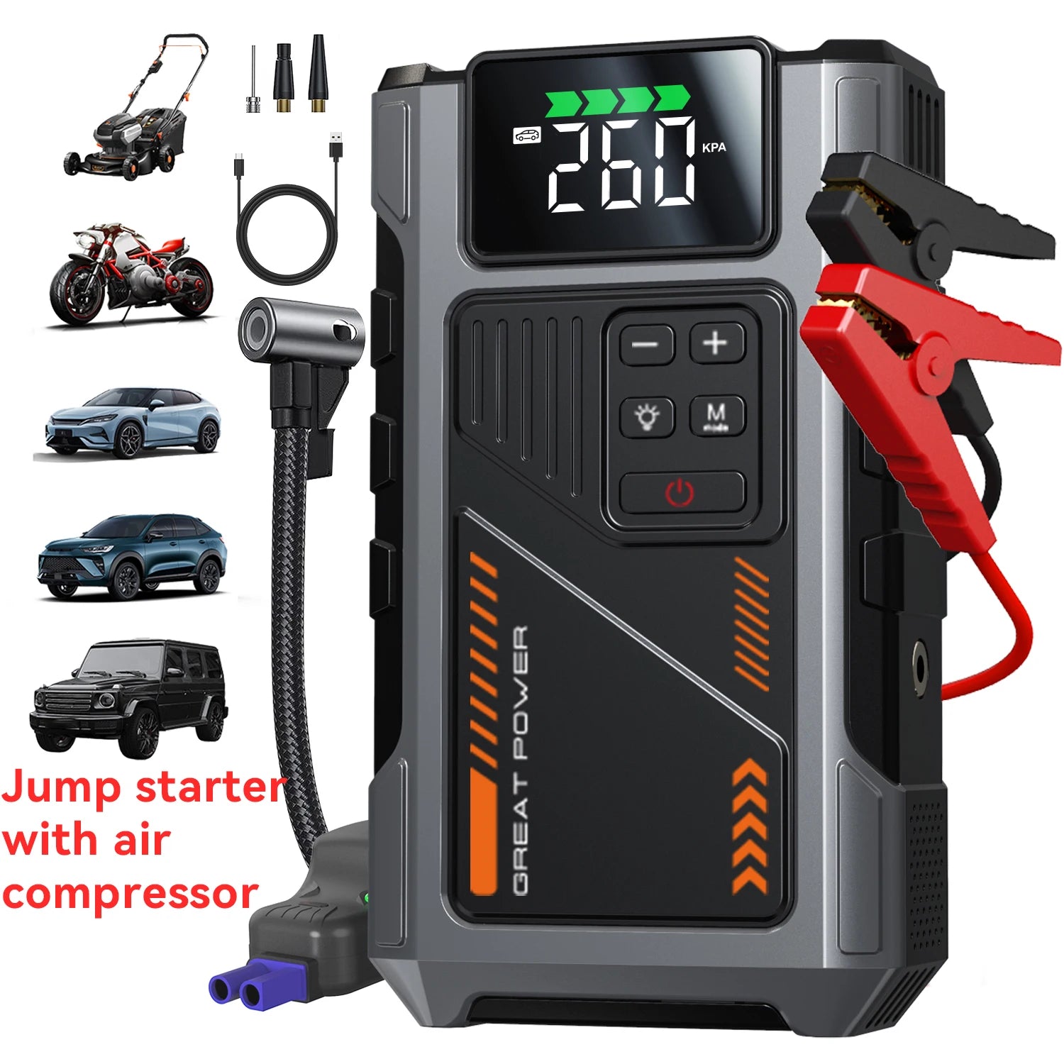 Motorcycle Jump Starter with Air Compressor 3000A Peak 150PSI Tyre Inflator Portable Battery Booster Pack with LED Light 12V