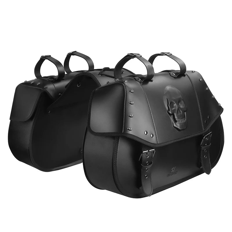 Universal Motorcycle Saddlebags Side Storage Bags Anti-Water 34L PU Leather Side Tool Pouch Luggage Storage Bags for Harley Suzuki Kawasaki Yamaha Honda – Skull Flag / Black