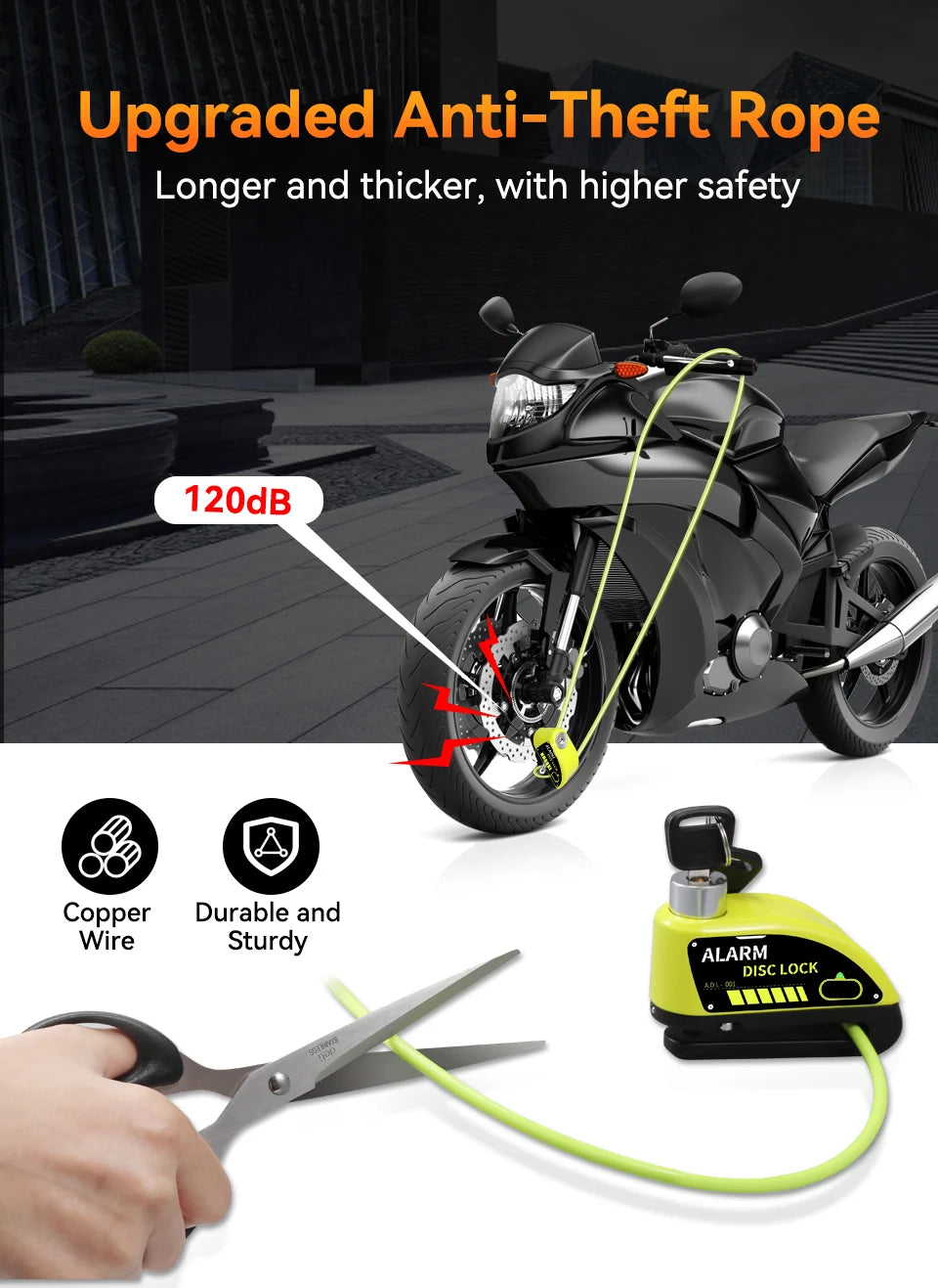 Extractme Motorcycle Alarm Disc Brake Lock Security Moto Wheel Disk Padlock Waterproof 120dB Anti-Theft – Fingerprint / Combination / Charging Style – USB-C – 7mm – With or Without Rope