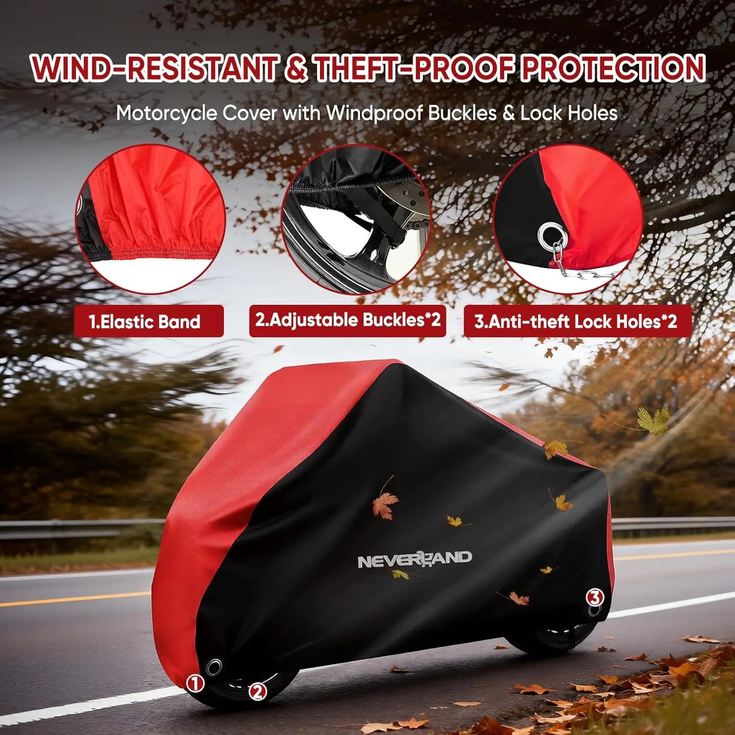 NEVERLAND Motorcycle Cover Waterproof Outdoor Heavy Duty with 2 Lock Holes All Season Indoor Outdoor Universal Motors Cover – 300D Oxford Cloth PU 1500Pa Red Adjustable Elastic Band 1 Year Warranty