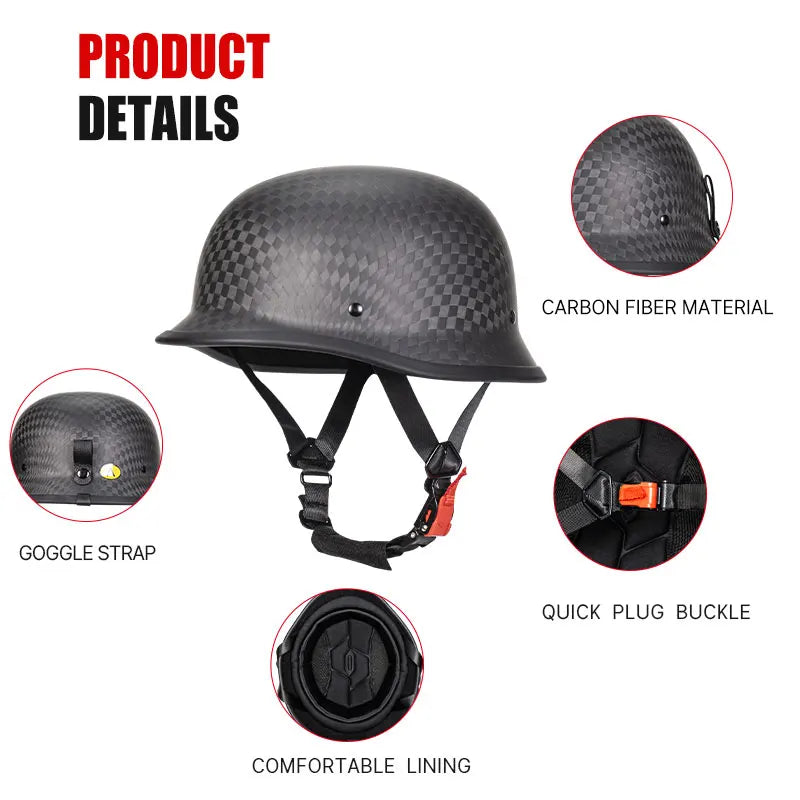 Carbon Fiber Helmets – DOT Certified 12K Carbon Fiber Half Face Motorcycle Helmet, Vintage German-Style Cruiser