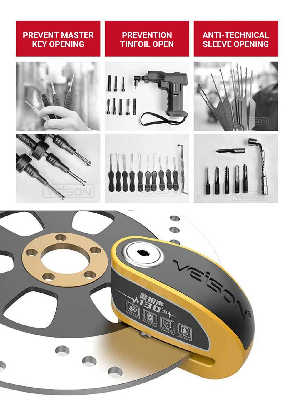 DX26 Motorcycle Waterproof Alarm Lock Bicycle Disc Lock Intelligent Controllable Alarm Disc Brake Lock Electric Car Lock – Stainless Steel – 0.5kg – Black Yellow Gold