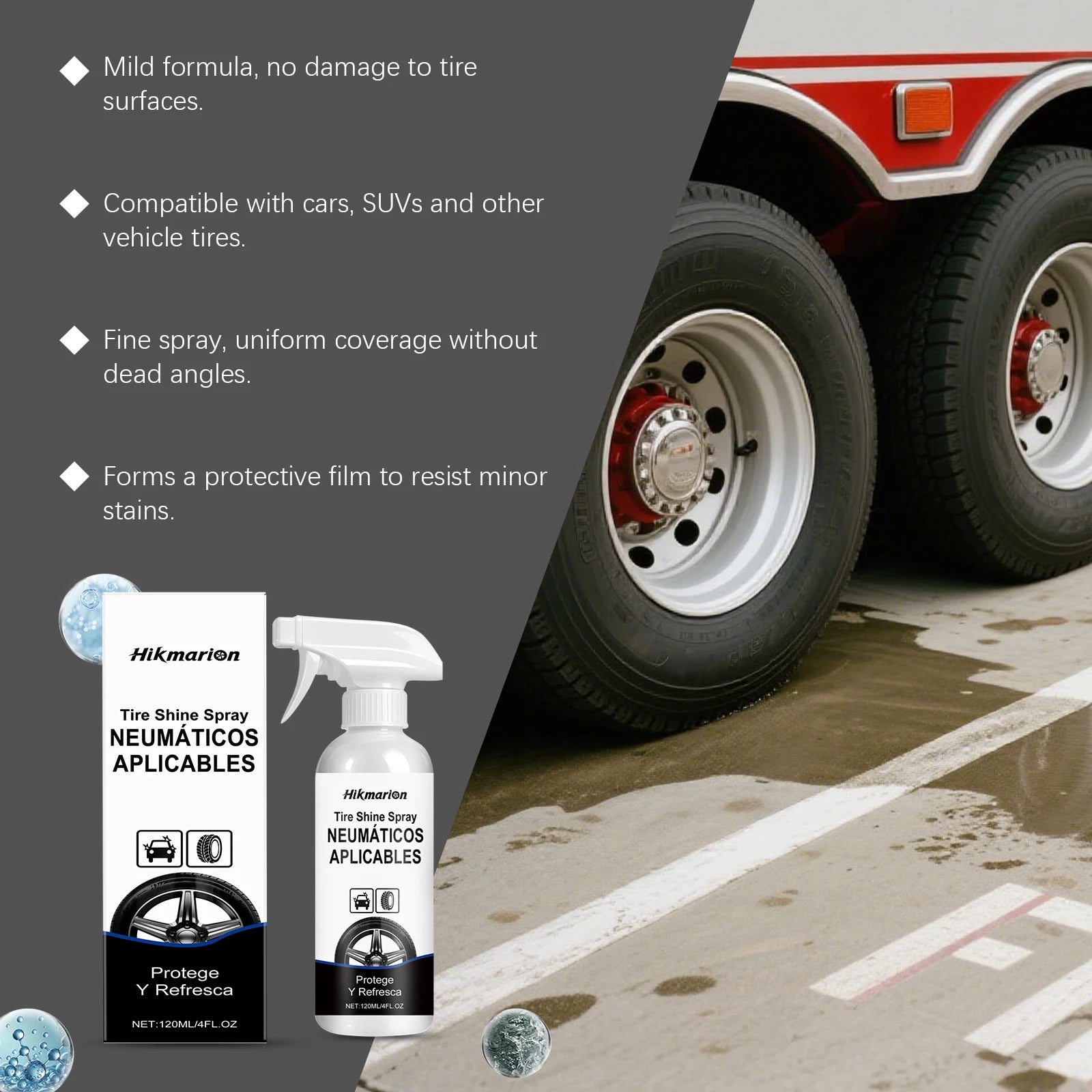 Water-Based Tire Gloss Spray 120ml – Non-Greasy UV Protection Matte to Gloss Finish for Black Tires – 1–10 Bottles – $16–76