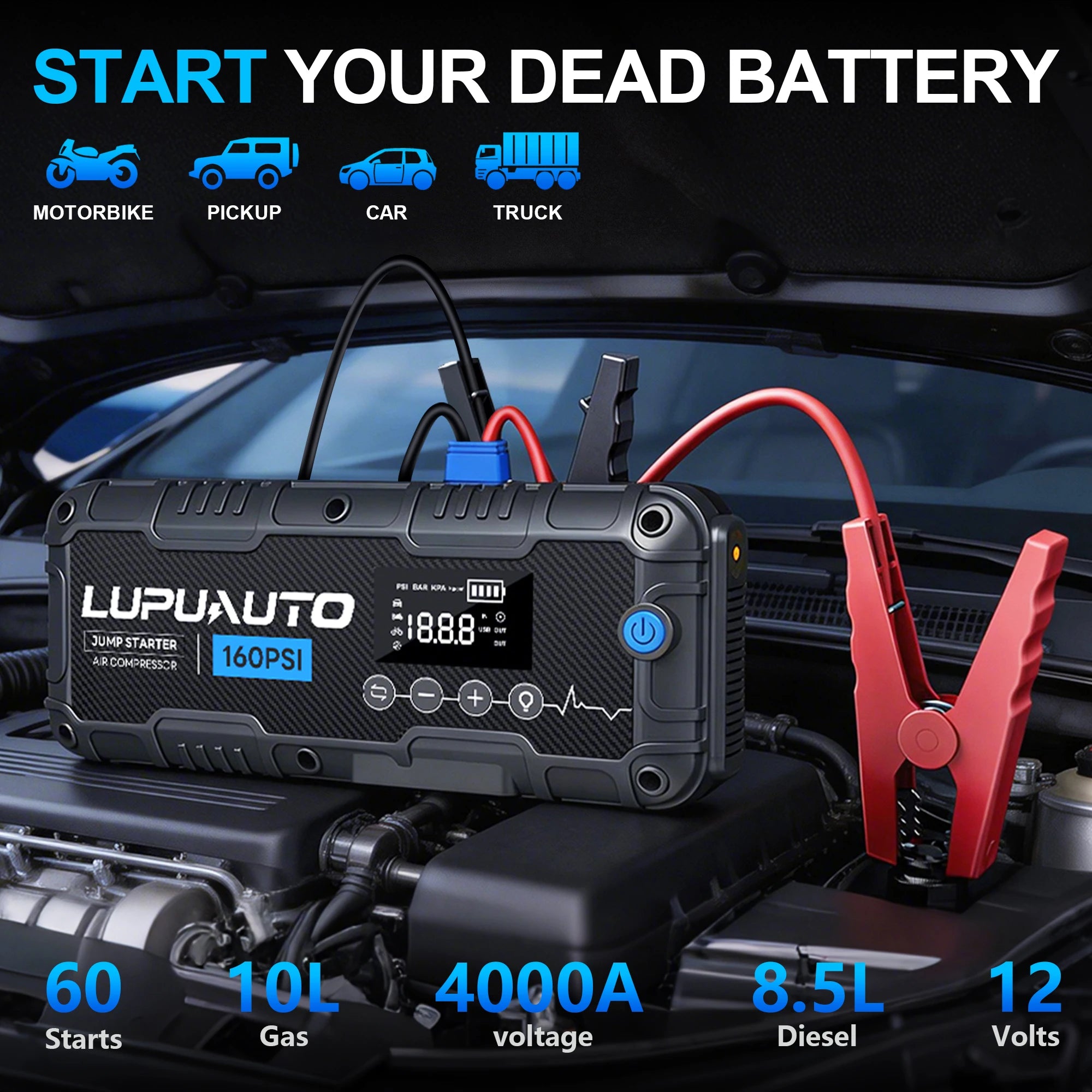 Motorcycle Jump Starter 7000A with Air Compressor 160PSI Tyre Inflator Portable Power Bank LED Flashlight Smart Cable 12V