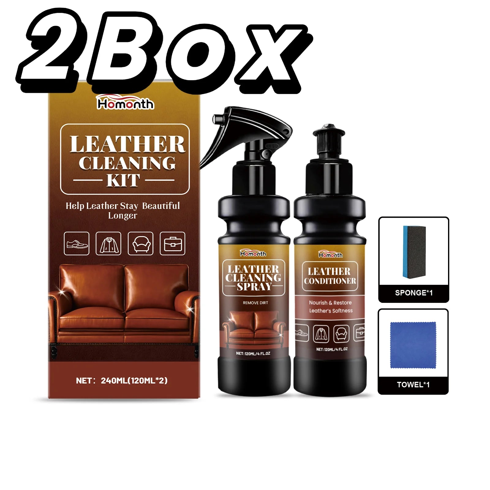 Homonth 2-in-1 Leather Cleaner & Conditioner Kit – Deep Spray + Nourishing Lotion – Car Seats Sofa Bags – Prevents Cracking – Sponge + Towel Included – $12–65