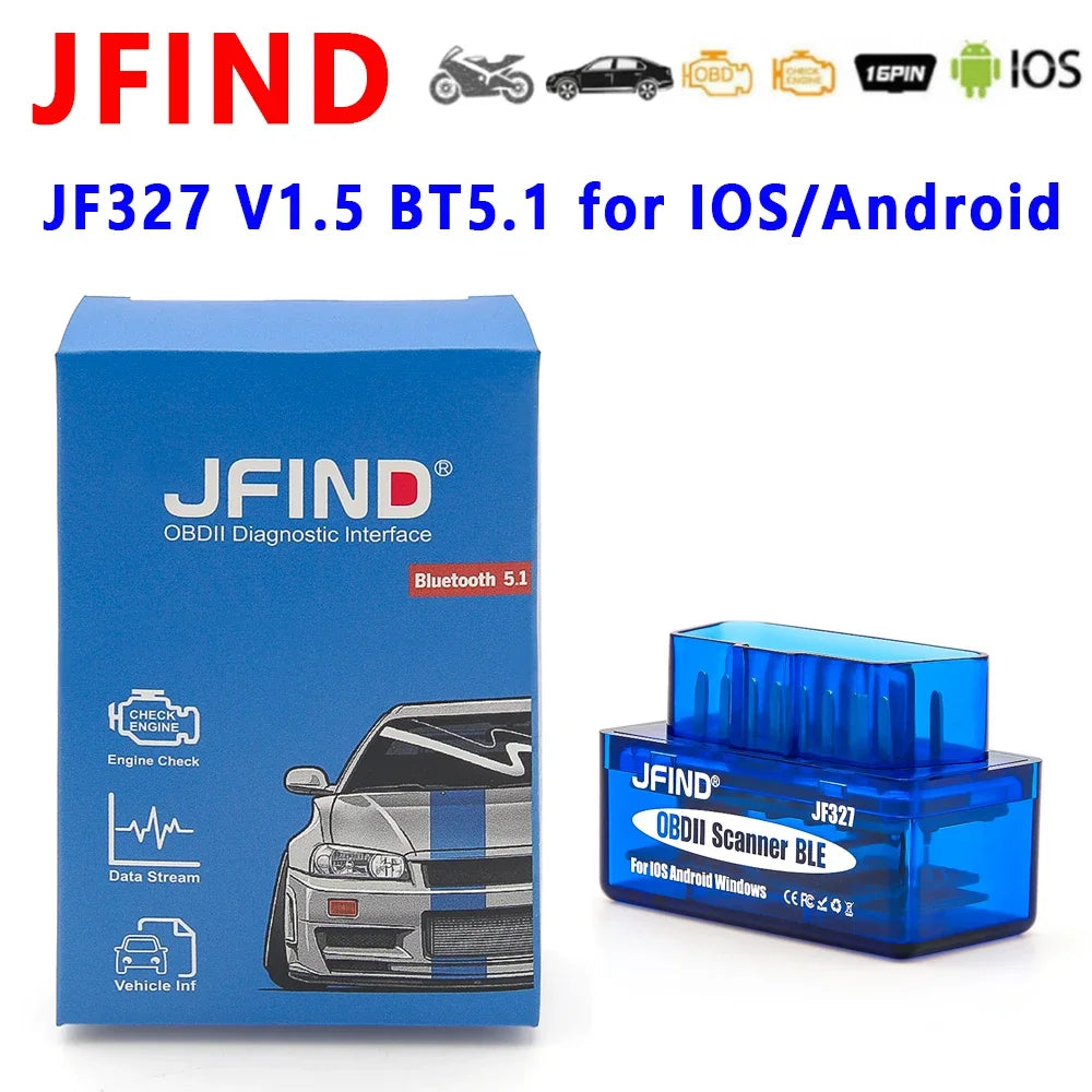 JFIND JF327 OBD2 Scanner – Bluetooth 5.1 – iOS + Android – Car + Motorcycle – Yamaha Honda Fault Code Reader – $16