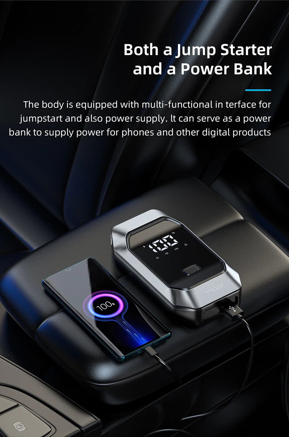 Vyvylabs 12000mAh Car Jump Starter – 1000A Peak 12V Portable Battery Booster Pack with Power Bank, LED Flashlight & Digital Display