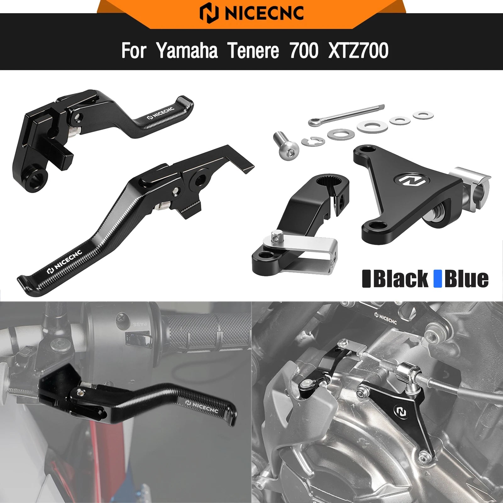 Yamaha Ténéré 700 / XTZ700 2019–2024 / XSR700 / MT-07 NICECNC Shorty Brake Clutch Lever & Clutch Arm – CNC 6061-T6 Aluminum – Blue / Black – $44–$167