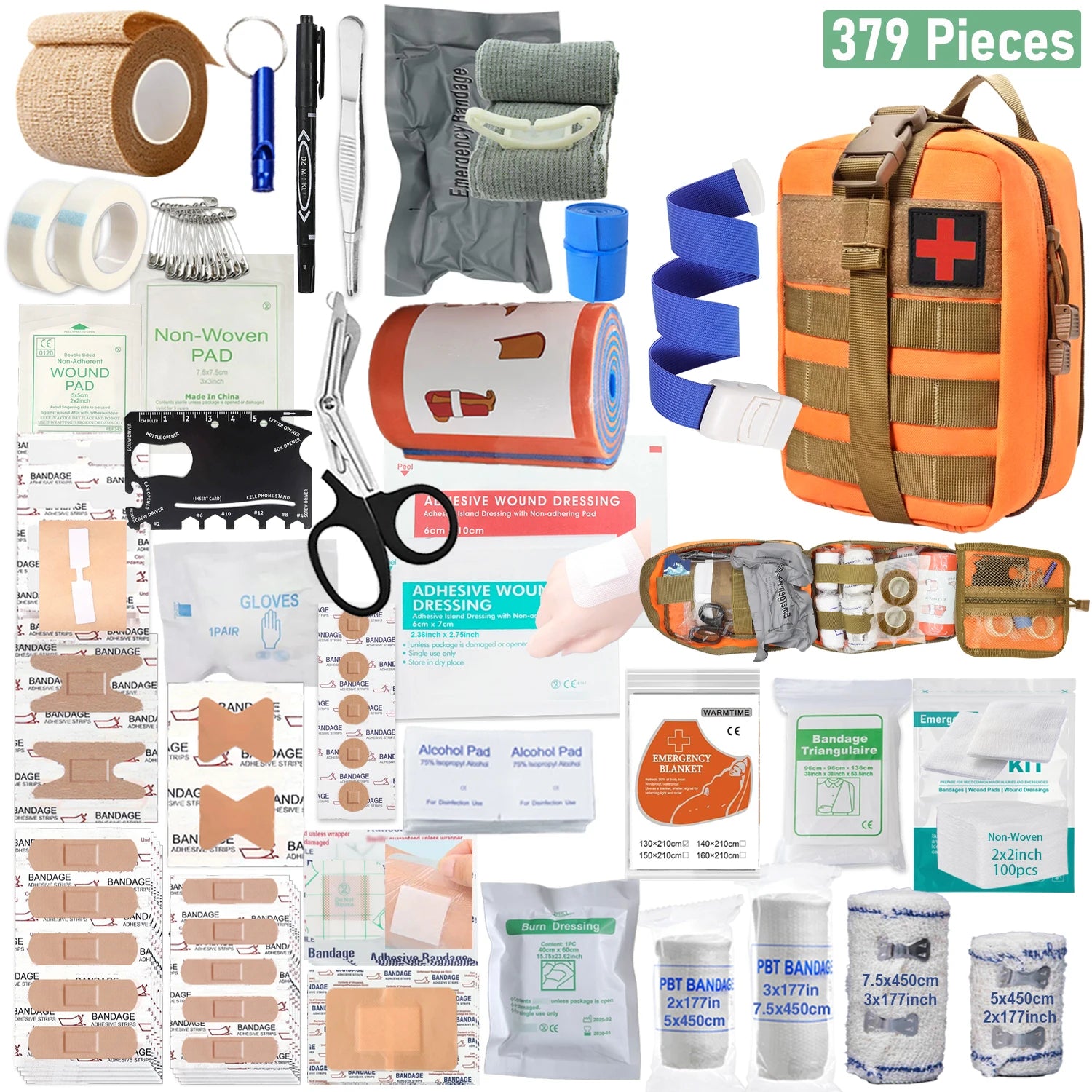 379pcs Home Office First Aid Kit Portable Emergency Bag, Red Survival Carry-On for Outdoor Activities, Camping, Hunting, Hiking