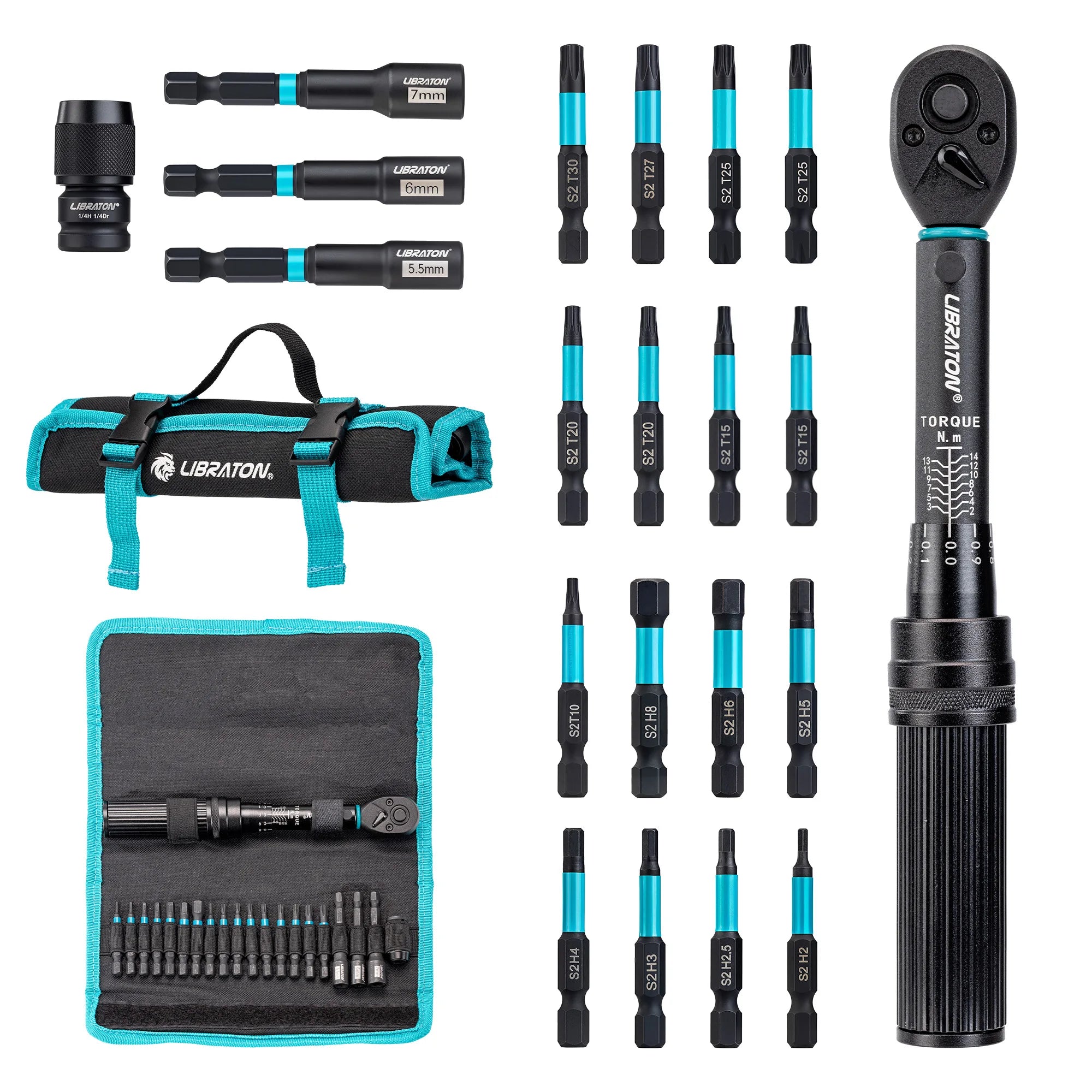 LIBRATON 21-Piece Bike Torque Wrench Set – 1/4” 2–14 Nm – 0.1 Nm Micro-Adjust – Hex + Torx + Nut Driver Bits + Roll Bag – $60
