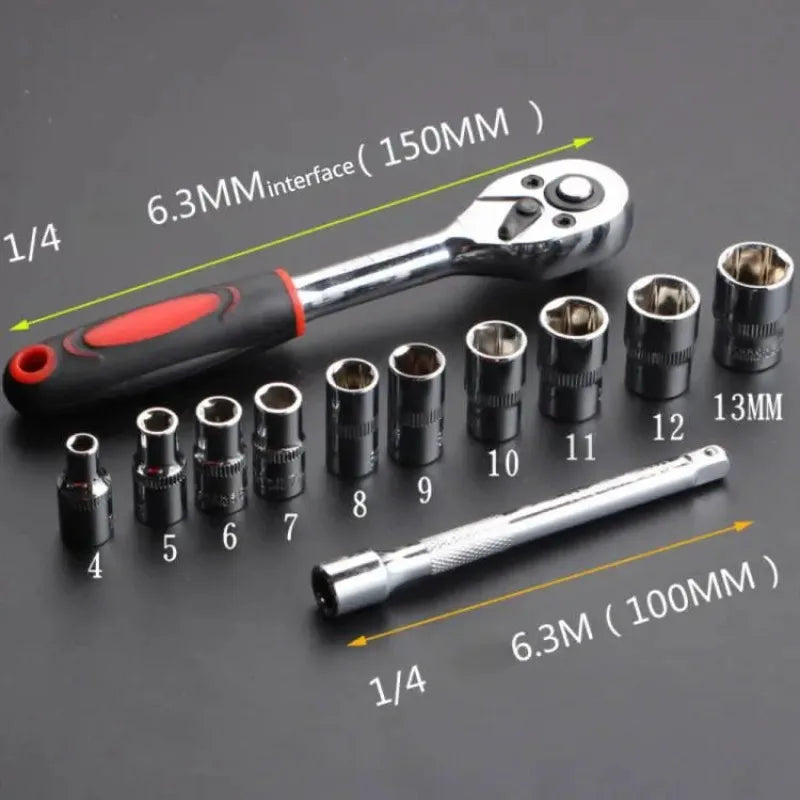 12-Piece Ratchet Wrench Socket Set – 4–13mm Metric – Chrome Vanadium Steel – Motorcycle / Bicycle / Car / Boat – from $20