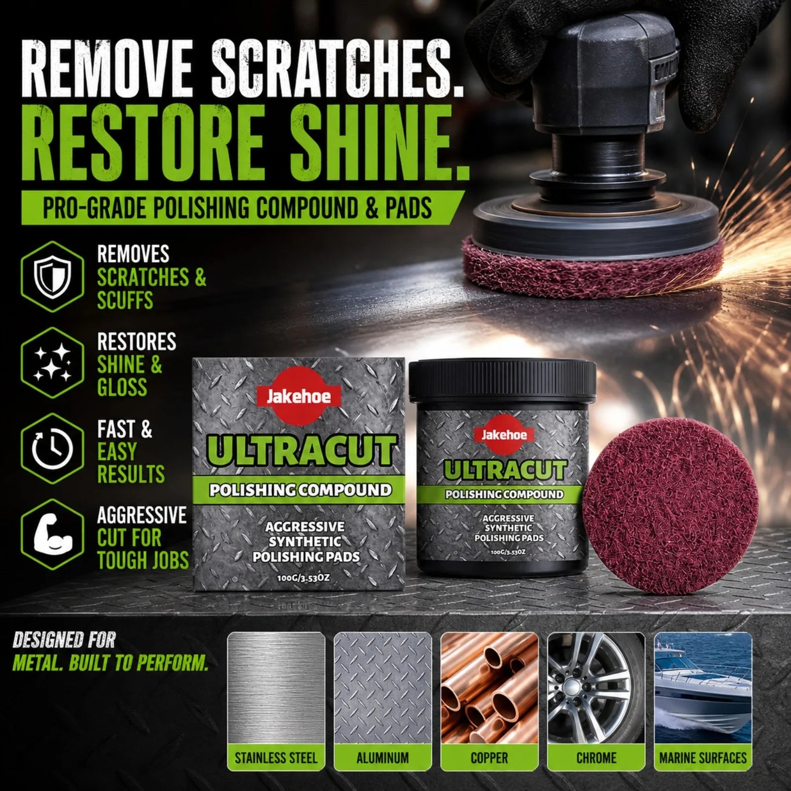 JAKEHOE Polishing Compound Kit – 100g Paste + Pad Per Set – Removes Scratches Oxidation Stains – Auto Paint Multi-Surface – 1 / 2 / 3 / 4 Sets – $25–35
