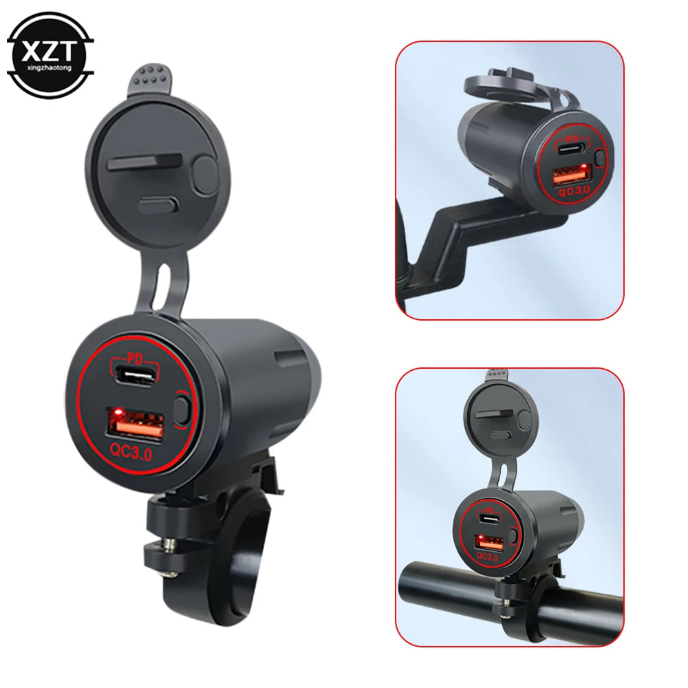12–24V Motorcycle Dual USB Fast Charger – PD + QC3.0 Handlebar Charging Socket with Switch