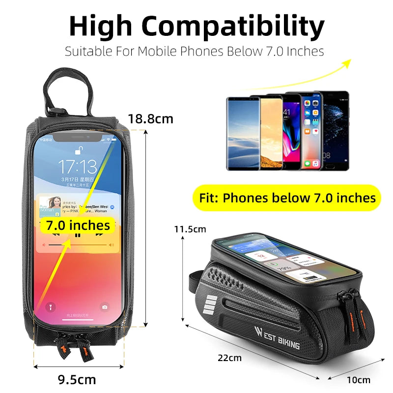 WEST BIKING 1.5L Waterproof Bike Phone Pouch – Touchscreen Top Tube Frame Bag for Up to 7" Phones