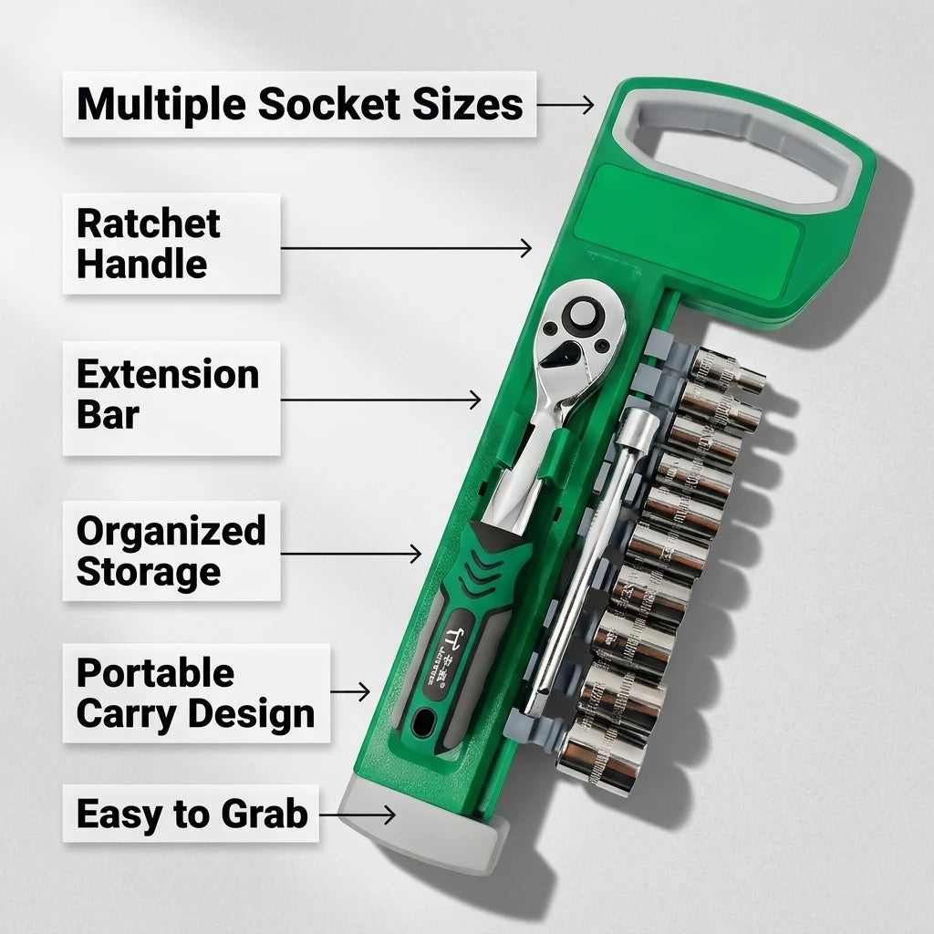oein 1/4" Drive 12-Piece Ratchet Socket Wrench Set – 72-Tooth, Chrome Vanadium Steel – Motorcycle / Car Repair – Storage Case – $18