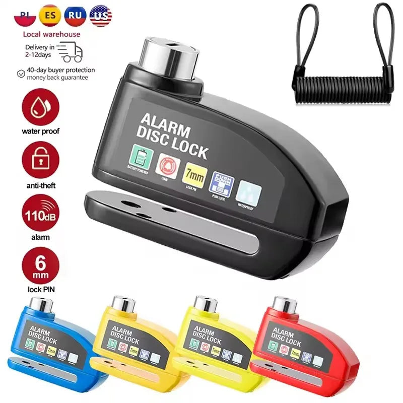 Motorcycle Alarm Disc Lock Anti-Theft 110dB Waterproof Motorcycle Disc Brake Lock Aluminum Alloy for Scooter Bike Motor Parts – Vibration Alarm – Replaceable Battery – Lock Only / 4pcs Set / With Bag – Red Black Yellow
