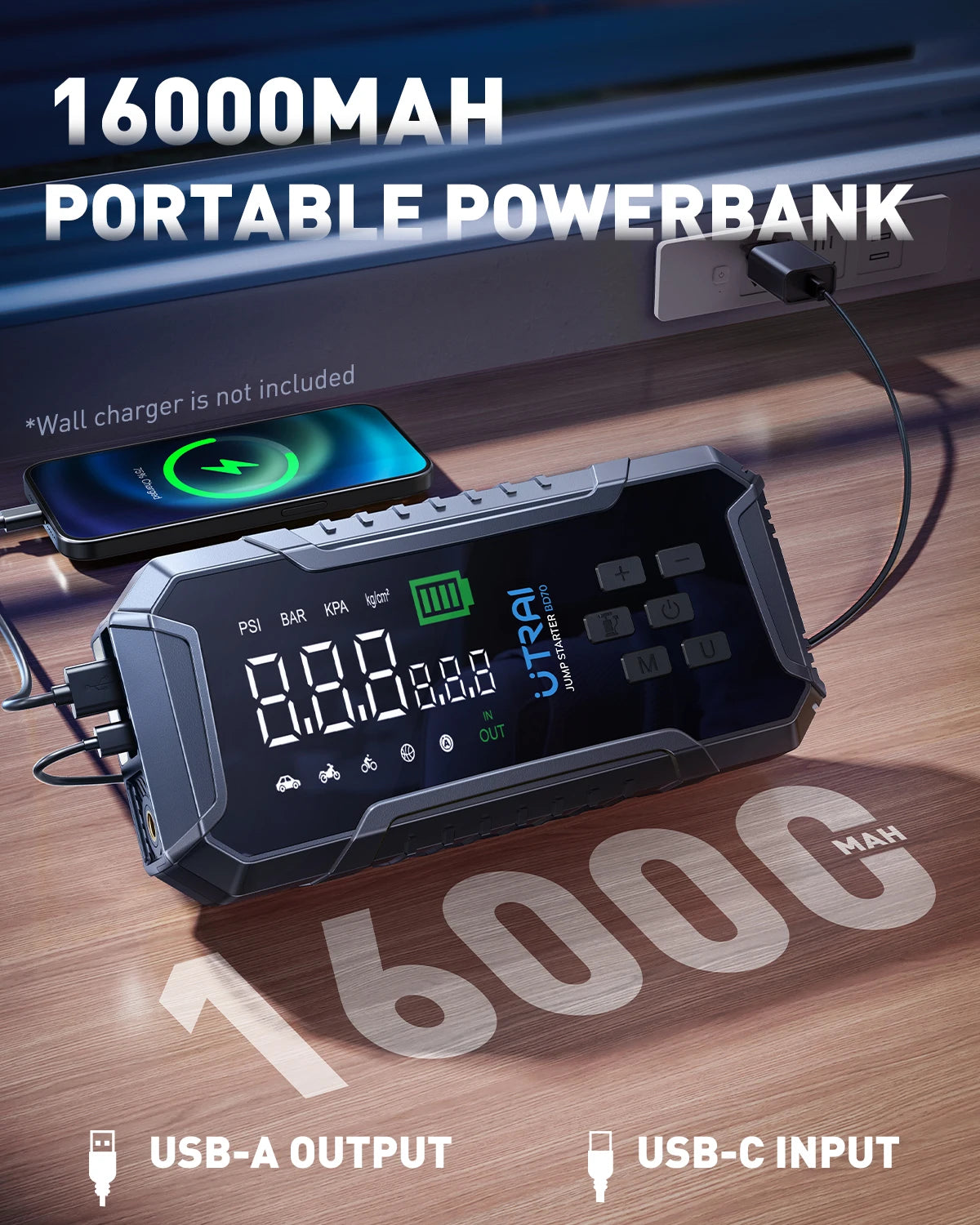 UTRAI BD70 Motorcycle Jump Starter 4000A with 160PSI Air Compressor 16000mAh Portable Power Bank Emergency Battery Booster Starting Device