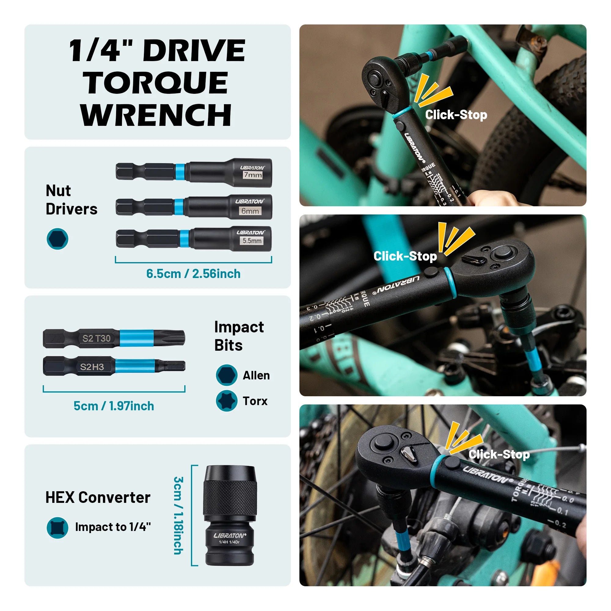 LIBRATON 21-Piece Bike Torque Wrench Set – 1/4” 2–14 Nm – 0.1 Nm Micro-Adjust – Hex + Torx + Nut Driver Bits + Roll Bag – $60