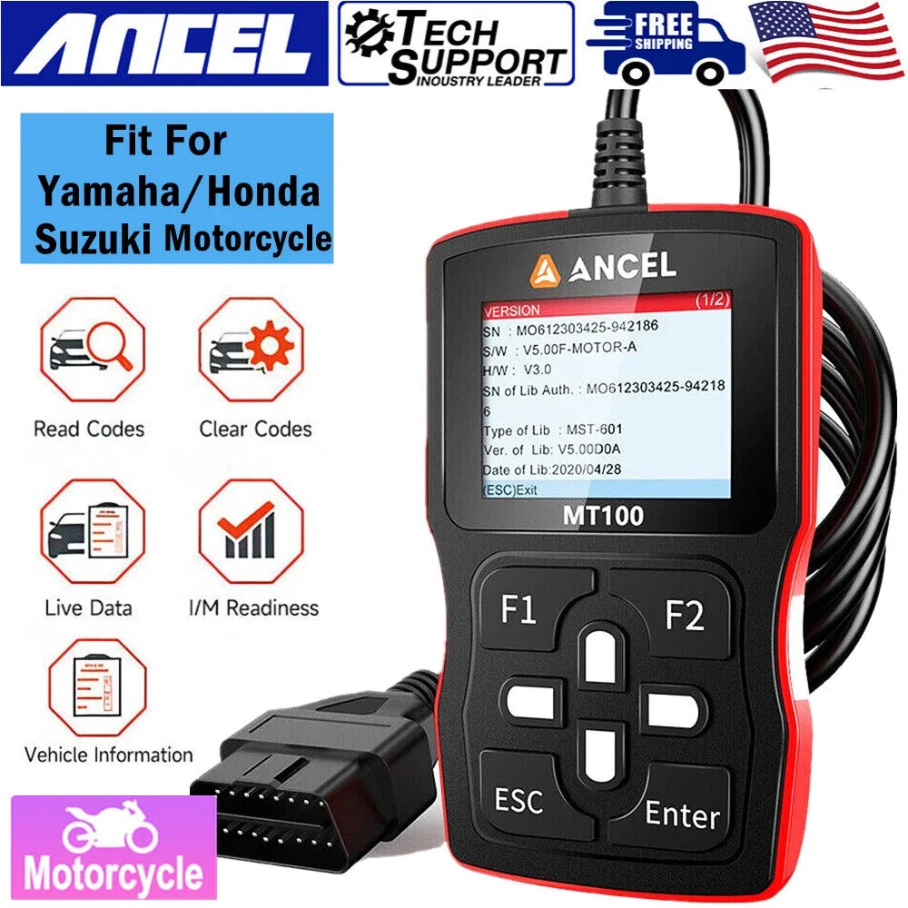ANCEL MT100 Motorcycle OBD2 Scanner – Engine + ABS System – Yamaha Honda Suzuki – Wired Handheld – 2-Year Warranty – $138