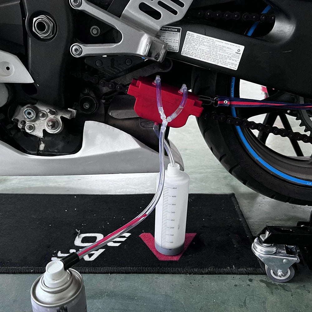 Motorcycle Chain Cleaning & Lube Device Tools – Full Set with 2PCS Pump Bottle – Brush Gear Cleaner & Lubricating Accessory – $33