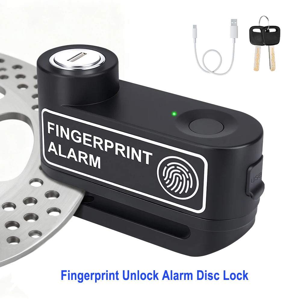 Extractme Motorcycle Alarm Disc Brake Lock Security Moto Wheel Disk Padlock Waterproof 120dB Anti-Theft – Fingerprint / Combination / Charging Style – USB-C – 7mm – With or Without Rope