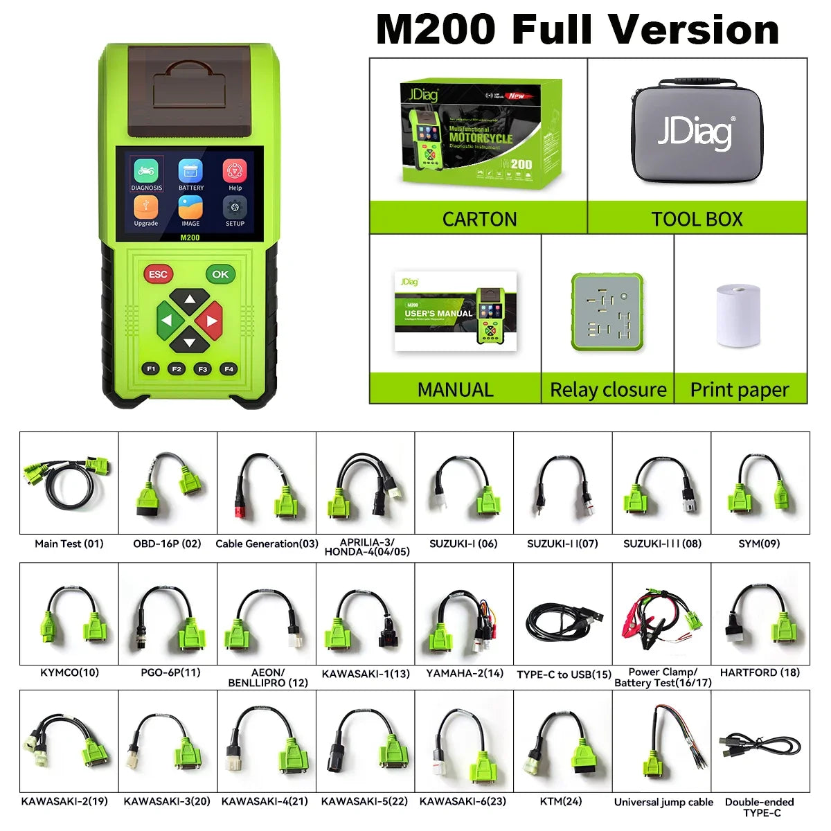 JDiag M200 Professional Motorcycle Diagnostic Scanner – Built-in Printer – 70+ Brands – Signal Simulator – Battery + Injector Test – $235–398