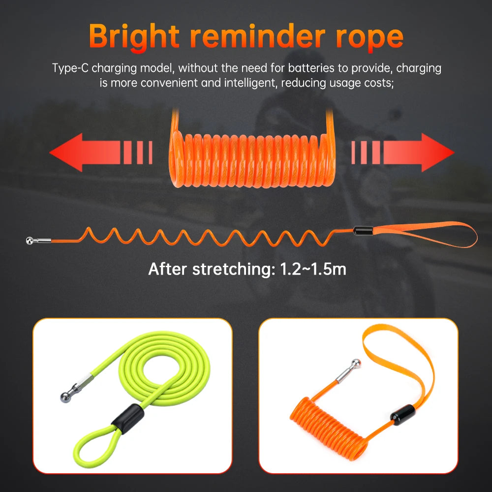 Elecpow Rechargeable Motorcycle Bicycle Scooter Alarm Disc Brake Lock Waterproof Anti-Theft Reminder Cable – 120dB USB-C IP67 7mm 285g CE FCC RoHS – With or Without Rope