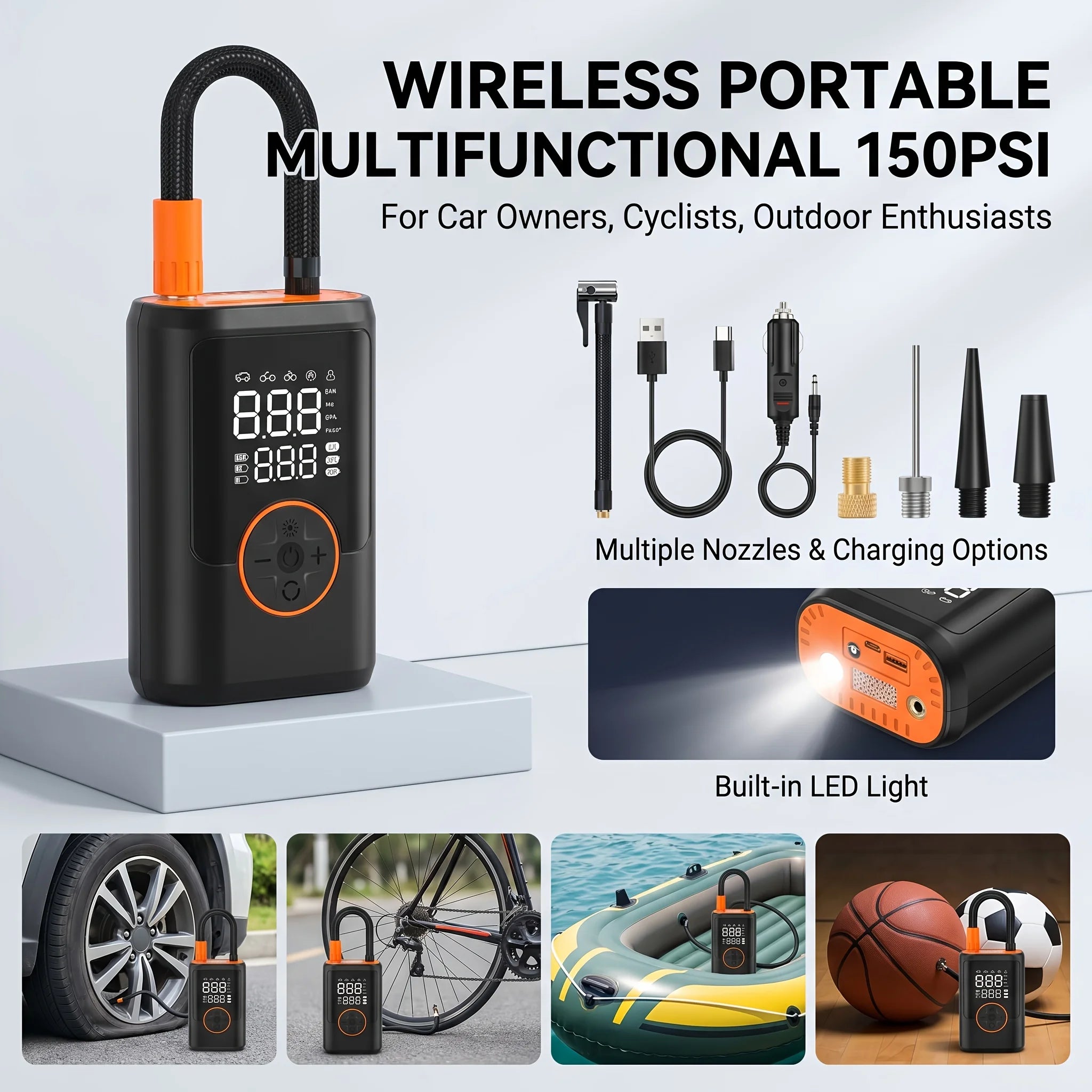 POWNYM 2-in-1 Wireless Tire Inflator & Jump Starter – Portable Air Compressors with Digital Pressure Gauge & LED Light