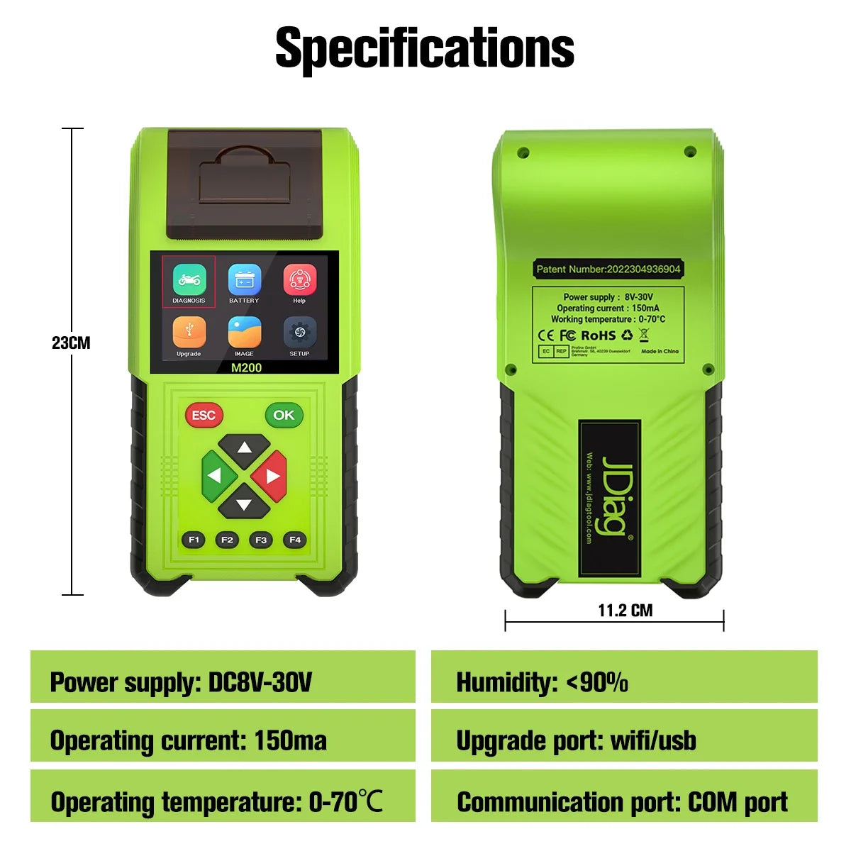 JDiag M200 Professional Motorcycle Diagnostic Scanner – Built-in Printer – 70+ Brands – Signal Simulator – Battery + Injector Test – $235–398