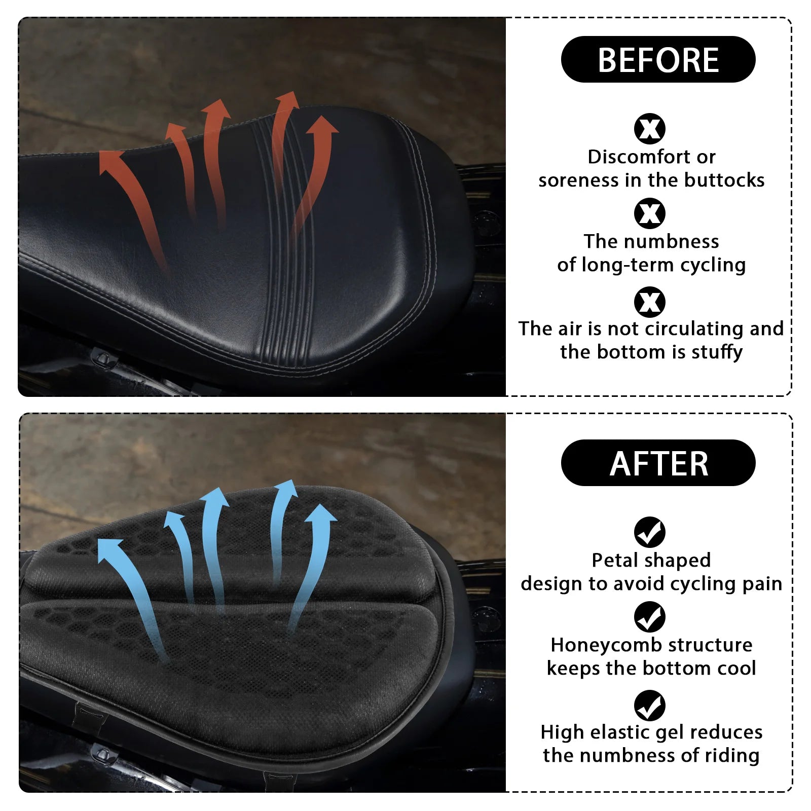 Motorcycle Seat Cushion – 3D Honeycomb Gel Pad Anti-Slip