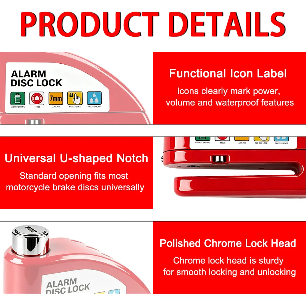Motorcycle Bicycle Alarm Disc Lock Aluminum Alloy Anti-Theft Safety Padlock Vibration Reminder Security Protection Accessories – 110dB 7mm Hardened Steel 2 Keys Allen Wrench 7 Colors