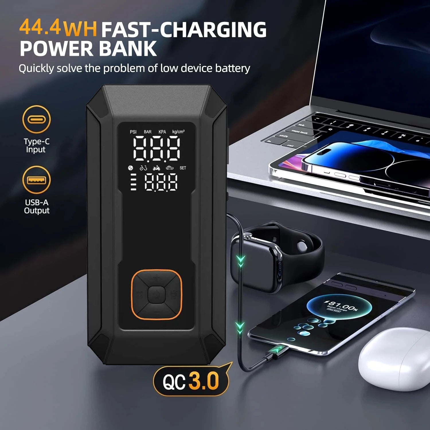 Motorcycle Jump Starter Q28 4000A with 150PSI Air Compressor Portable Power Bank Tyre Inflator 400 Lumen LED Light 12V