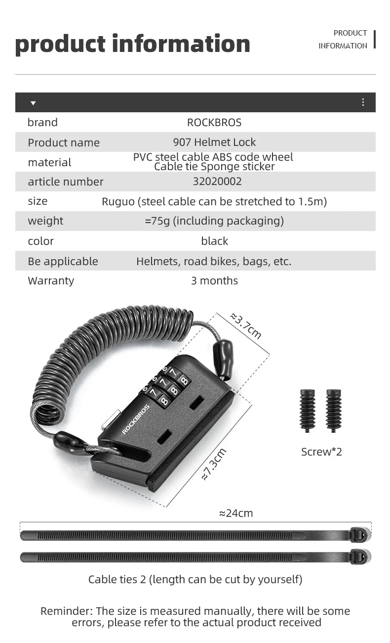 Rockbros Helmet Lock Anti-Theft Mini Bicycle Lock 3-Digit Password Lock Ultralight Flexible Bike Lock Motorcycle Helmet Lock – Model 907 1.5m PVC Steel Cable Two Ways to Use Black