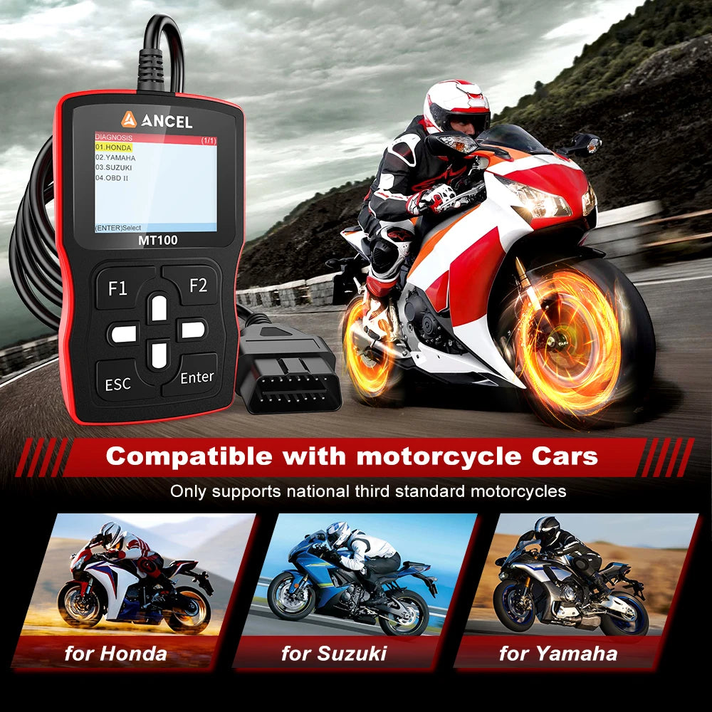 ANCEL MT100 Motorcycle OBD2 Scanner – Engine + ABS System – Yamaha Honda Suzuki – Wired Handheld – 2-Year Warranty – $138