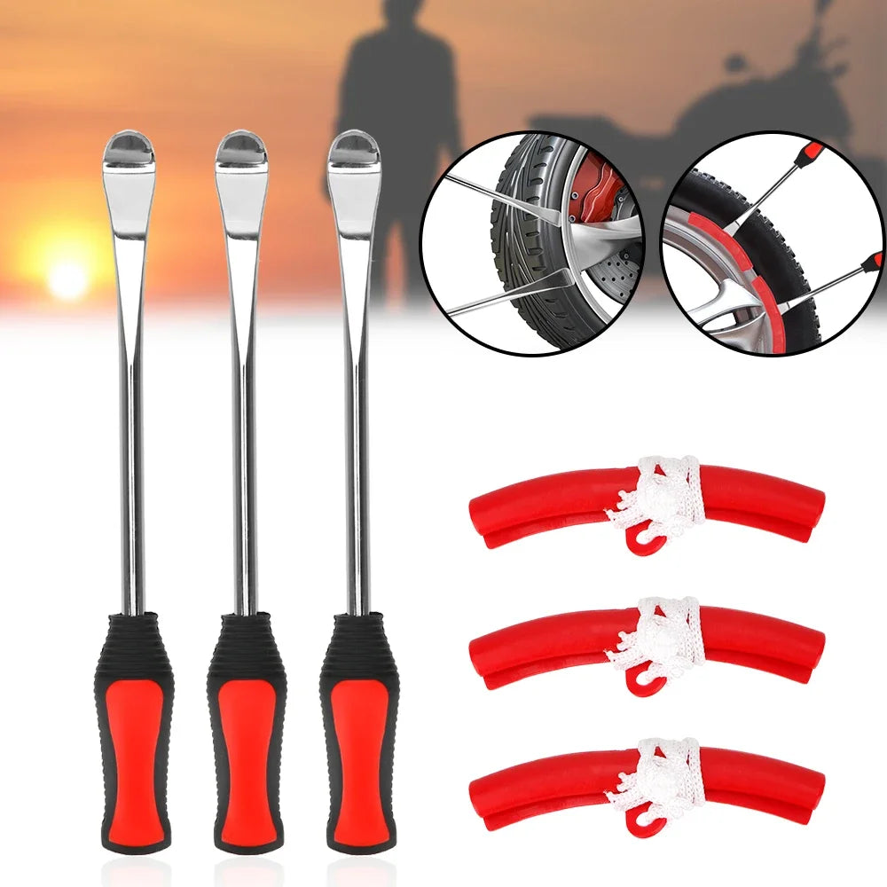 29cm Steel Tire Iron Lever Kit with Rim Protectors – 3pcs – Motorcycle Bicycle Tire Changing Repair Kit – $24