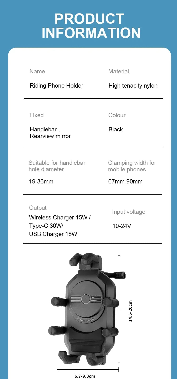 Shockproof Motorcycle Phone Holder 15W Wireless Charger & 18W USB 30W Type C Fast Charging Motorbike Bicycle Bike Scooter Stand