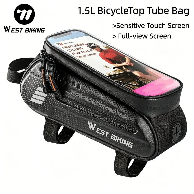 WEST BIKING 1.5L Waterproof Bike Phone Pouch – Touchscreen Top Tube Frame Bag for Up to 7" Phones