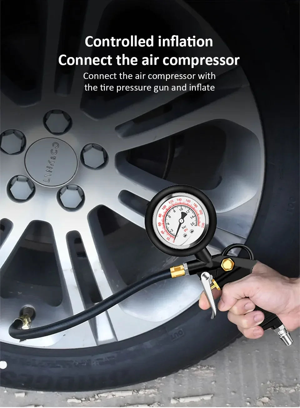 220 PSI Tire Pressure Gauge – Car, Truck & Motorcycle Tire Inflator with Flexible Hose