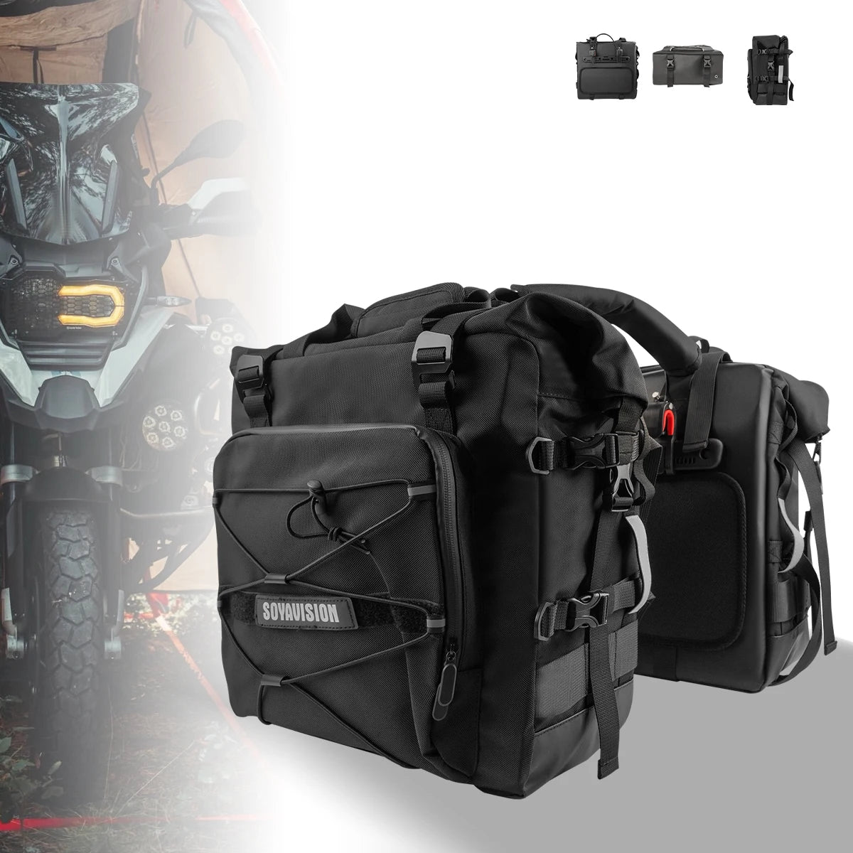 SOYAVISION Motorcycle Saddlebag Waterproof Side Bag 20L 500D Polyester Travel Motorbike Luggage Rear Seat Bag for BMW R1200GS ADV Kawasaki Yamaha Honda Suzuki – Black (1PC / 2PC)