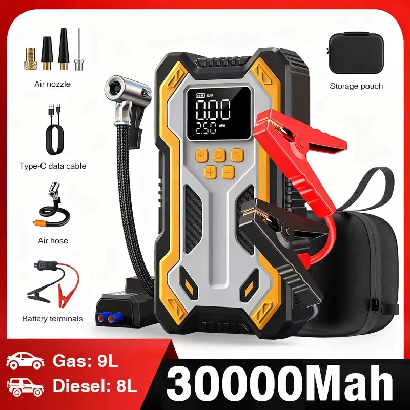 Motorcycle Jump Starter with Air Compressors LCD Screen 30000mAh Portable Booster Charger 7000A Powerful Motorcycle Battery Starting Device
