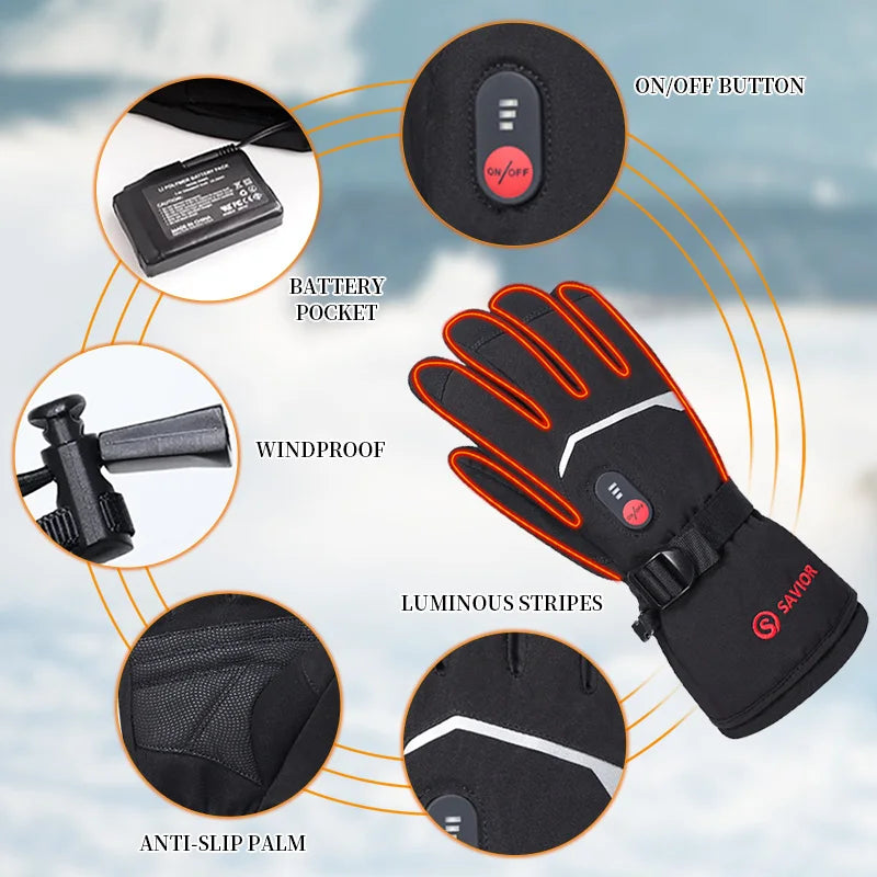 Savior Heat Battery Heated Motorcycle Gloves Goat Skin Leather 3 Shift Temperature Control Waterproof Electric Heated Gloves