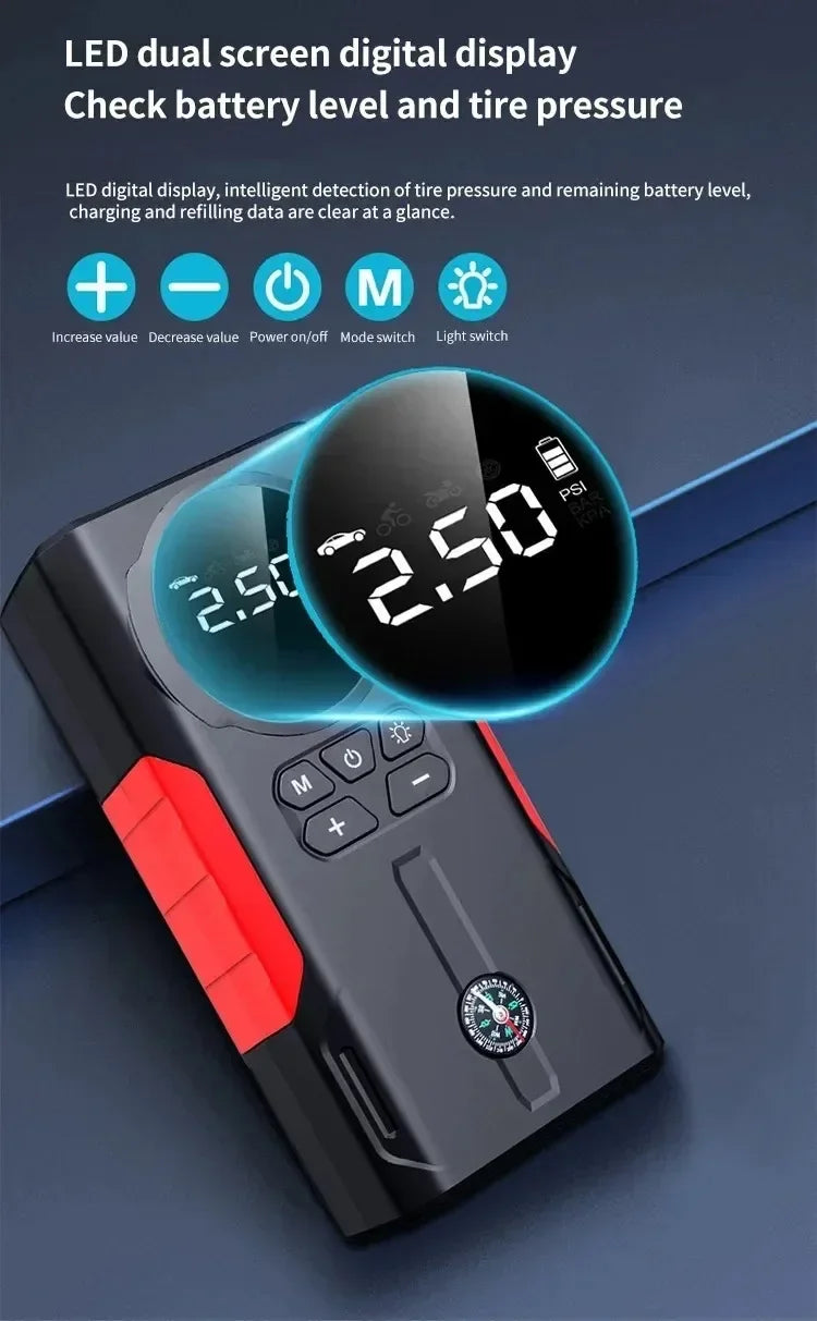 12V Jump Starter & Air Pump – 1800A Multi-Function Tire Inflator, LED SOS Light & Power Bank for Car, Motorcycle & Bicycle