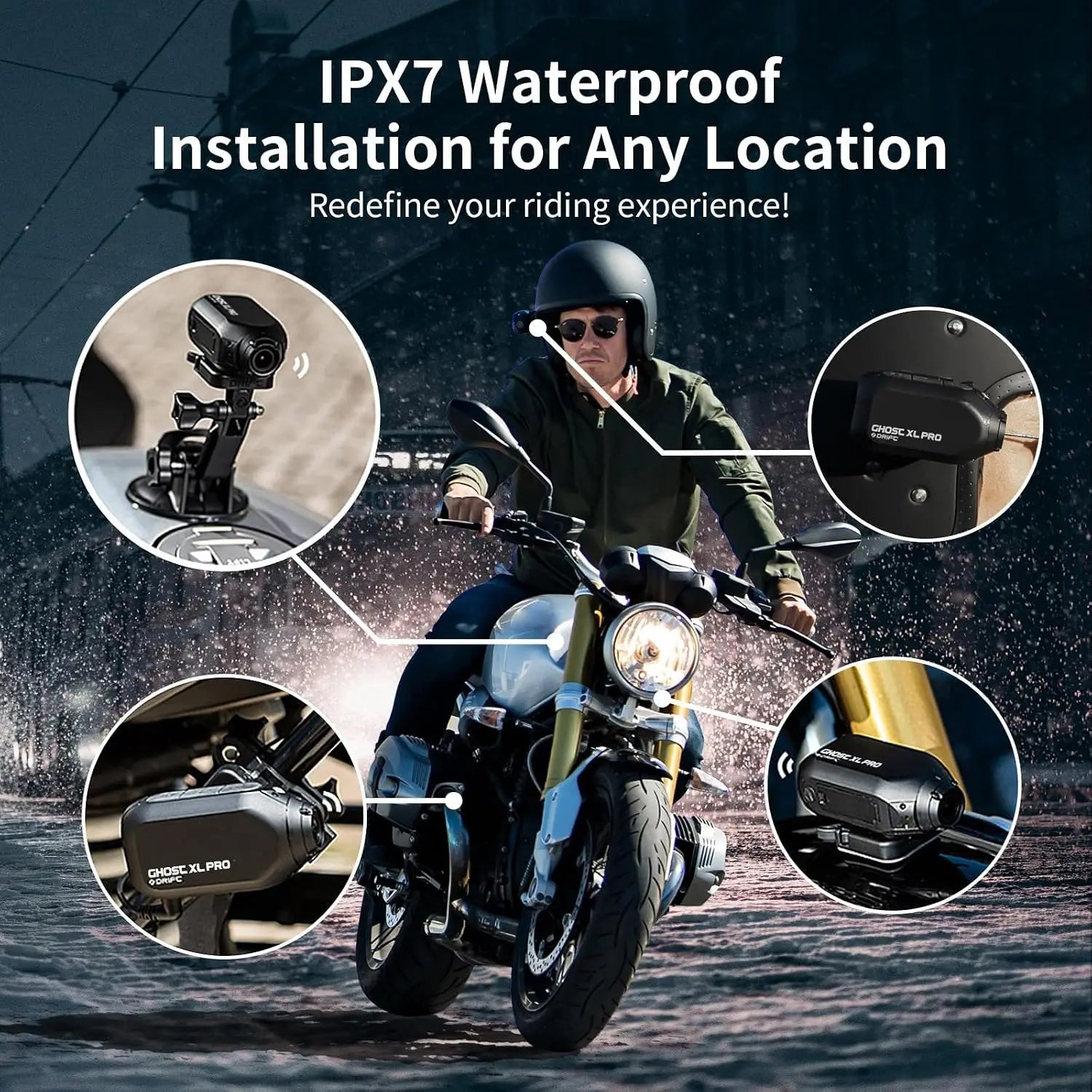 Drift Ghost XL PRO 4K WiFi IPX7 Waterproof Motorcycle Camera Helmet Cam 140° 300° Lens 3000mAh Live Stream Vlog Dash Cam Motorcycle Camera for Motorcycle Bicycle Outdoor