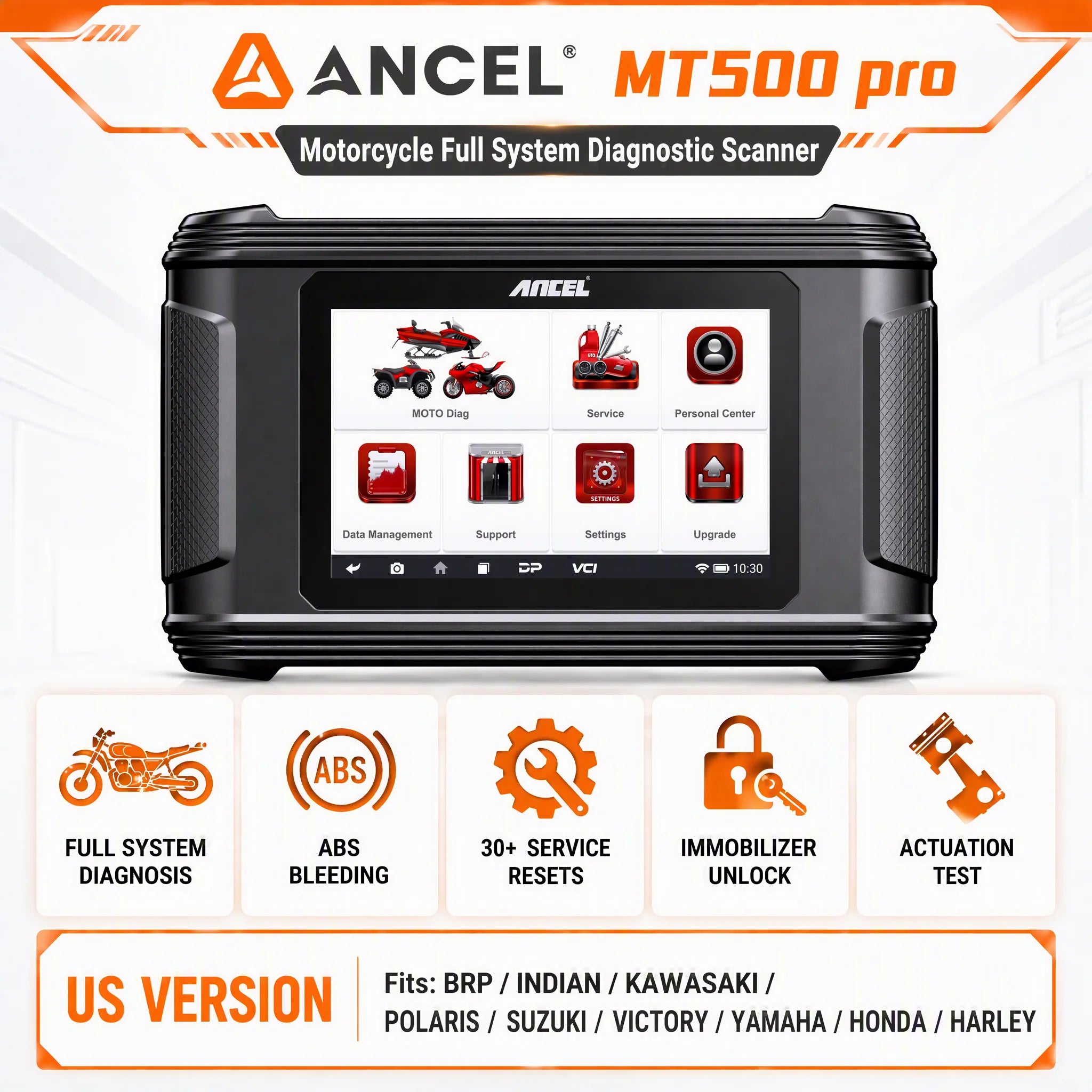 ANCEL MT500 Motorcycle Diagnostic Tablet – US Version – Full System + 30+ Resets + ECU Coding – Harley / Indian / Polaris / BRP + Asian – $1,196