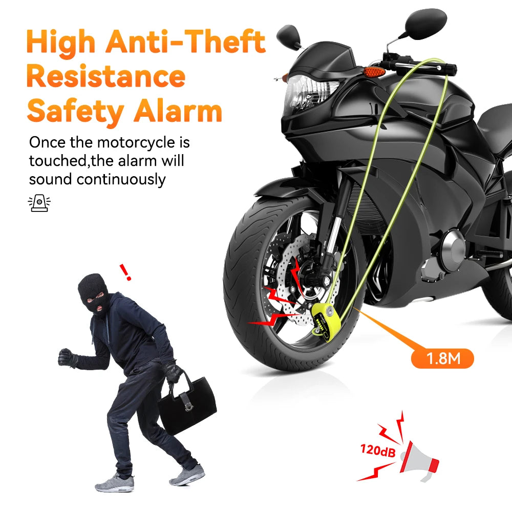 Extractme Motorcycle Alarm Disc Brake Lock 120dB Bicycle Wheel Disk Padlock Security Anti-Theft Lock Scooter – USB-C Rechargeable – 7mm – With or Without Rope – Red Black Blue Green Yellow